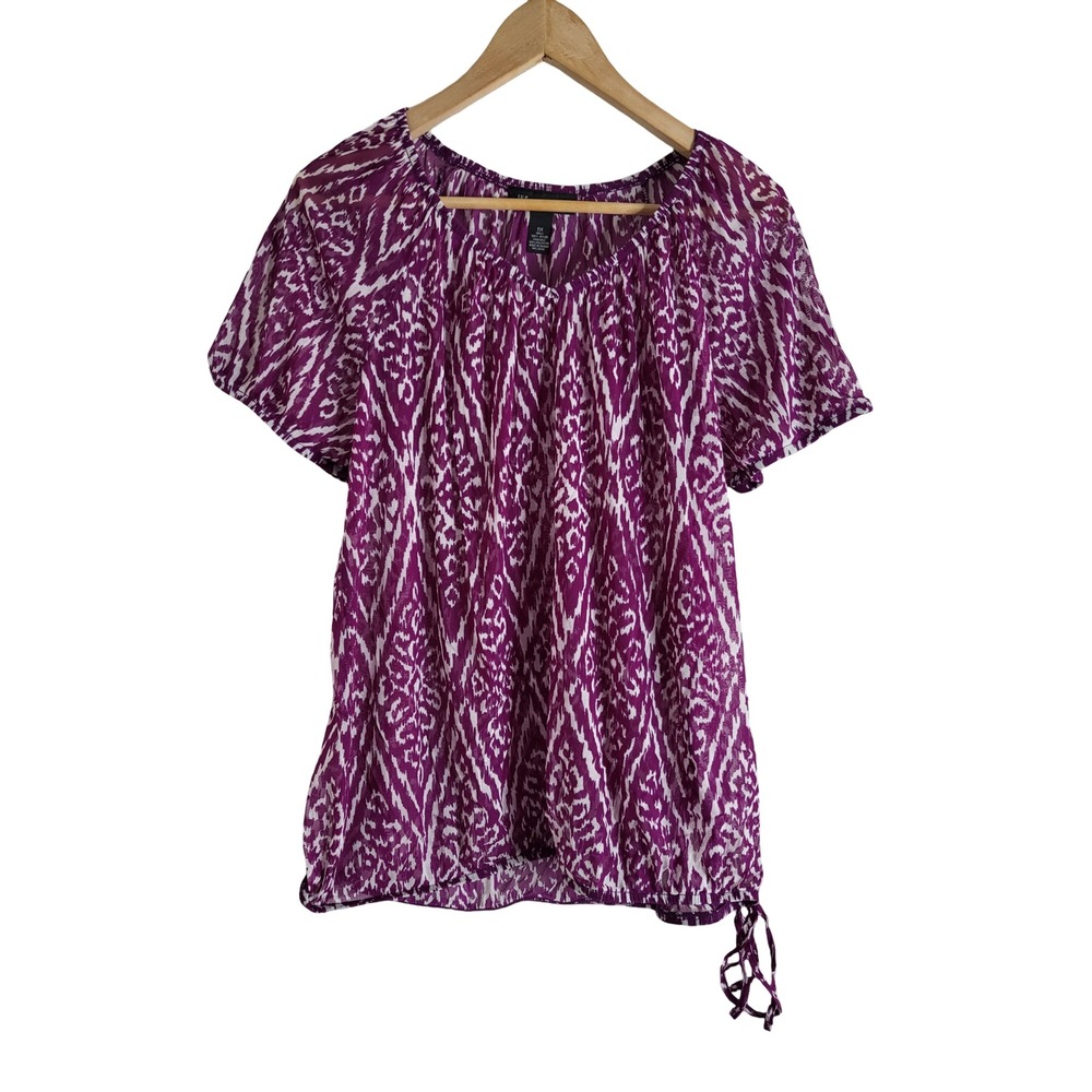 INC International Concepts Purple Ikat Mesh Blouse Side Tie 0X Peasant-style